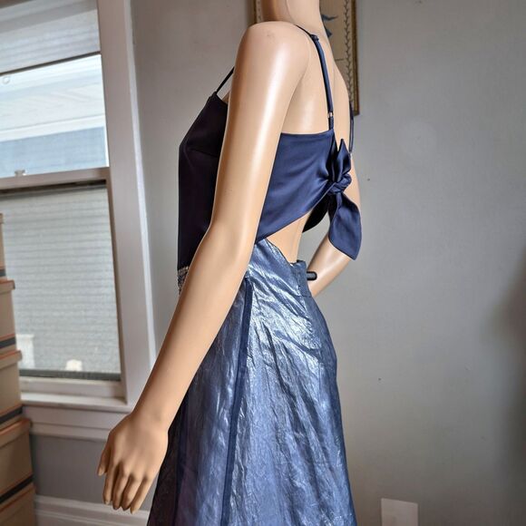 Vintage 90s y2k Scene Prom Gown Blue Floral Embroidery Beaded Fringe Size 9/10 - Picture 16 of 17